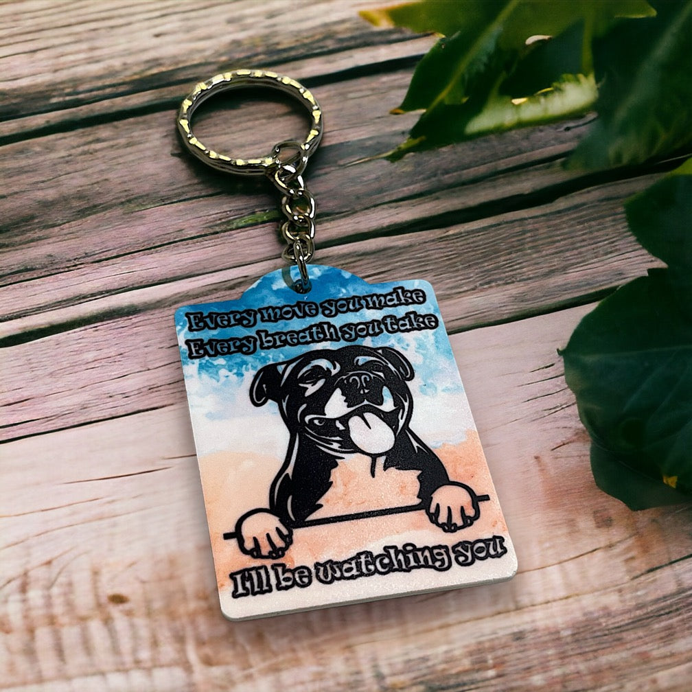Watchful Staffordshire Bull Terrier 'Staffy' Dog Keyring / Bag Tag - Laser Design Creations