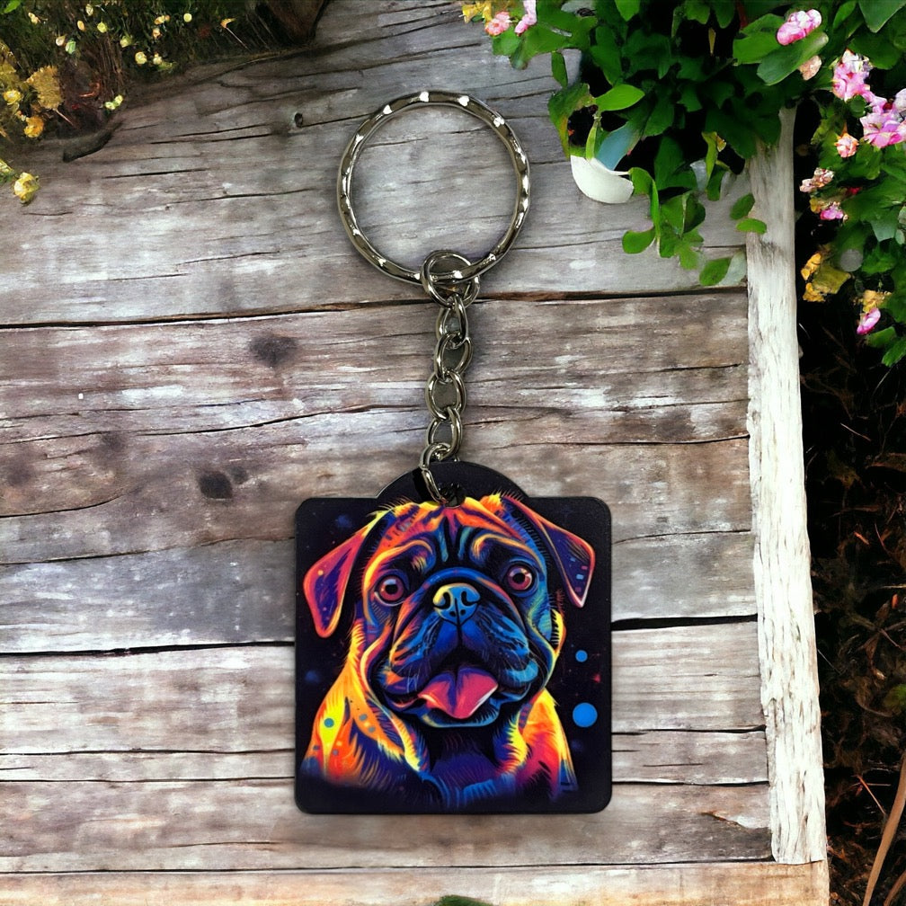 Vibrant Neon Style Pug Dog - Keyring / Bag Tag - Laser Design Creations