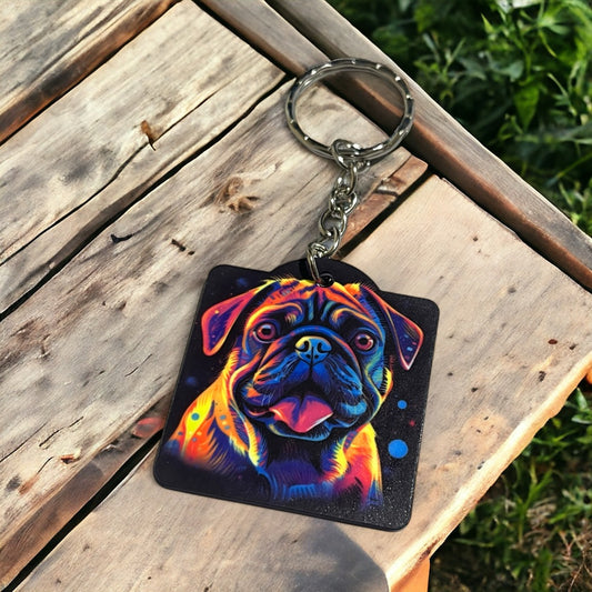 Vibrant Neon Style Pug Dog - Keyring / Bag Tag - Laser Design Creations