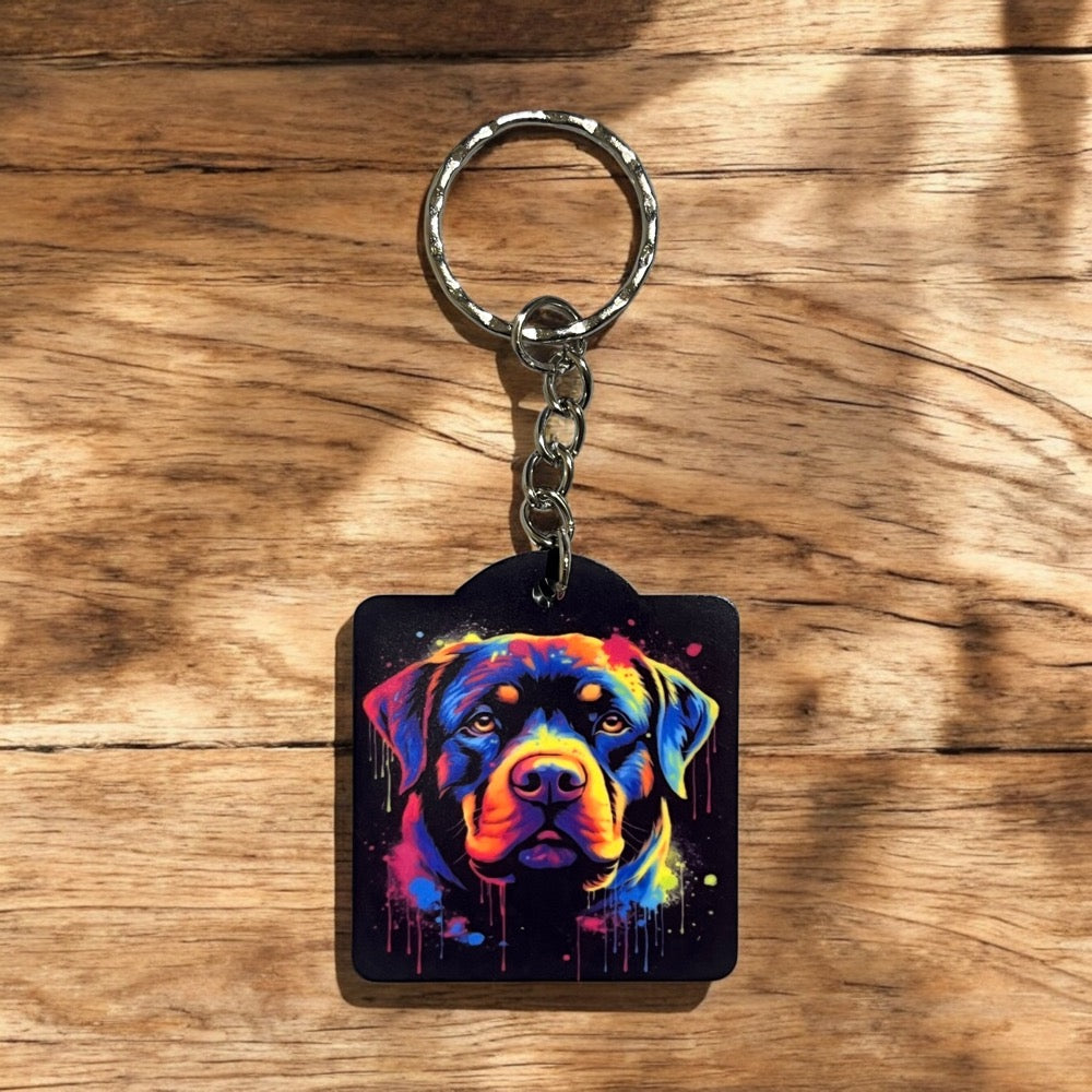Vibrant Neon Style Rottweiler 'Rottie' Dog - Keyring / Bag Tag - Laser Design Creations