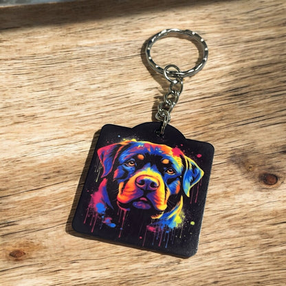Vibrant Neon Style Rottweiler 'Rottie' Dog - Keyring / Bag Tag - Laser Design Creations