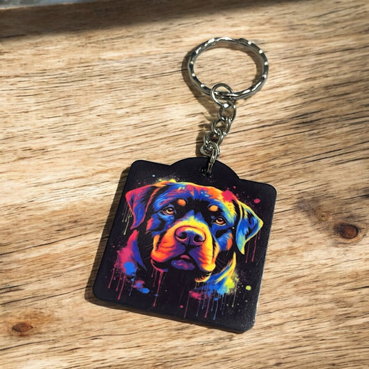 Vibrant Neon Style Rottweiler 'Rottie' Dog - Keyring / Bag Tag - Laser Design Creations