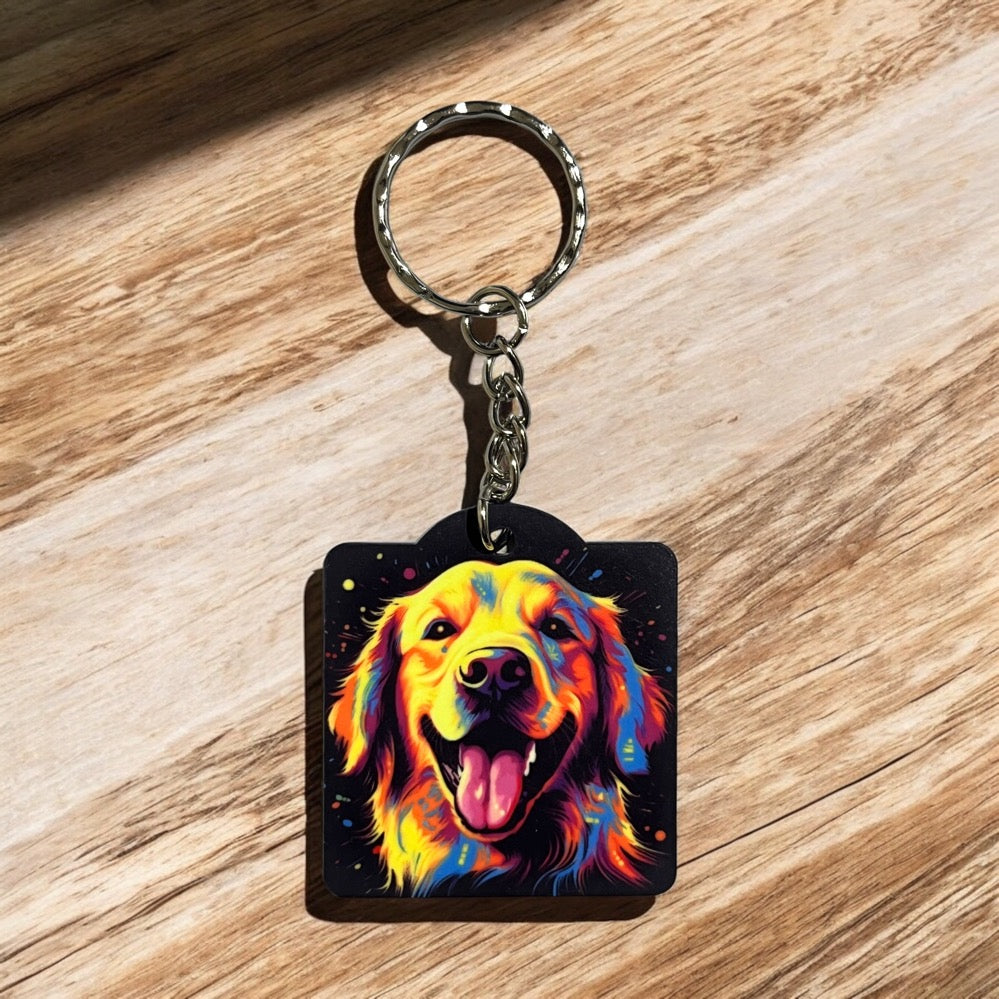 Vibrant Neon Style Golden Retriever Dog - Keyring / Bag Tag - Laser Design Creations