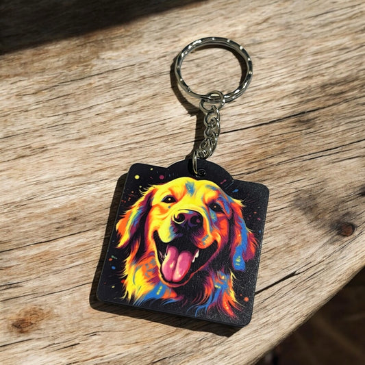 Vibrant Neon Style Golden Retriever Dog - Keyring / Bag Tag - Laser Design Creations