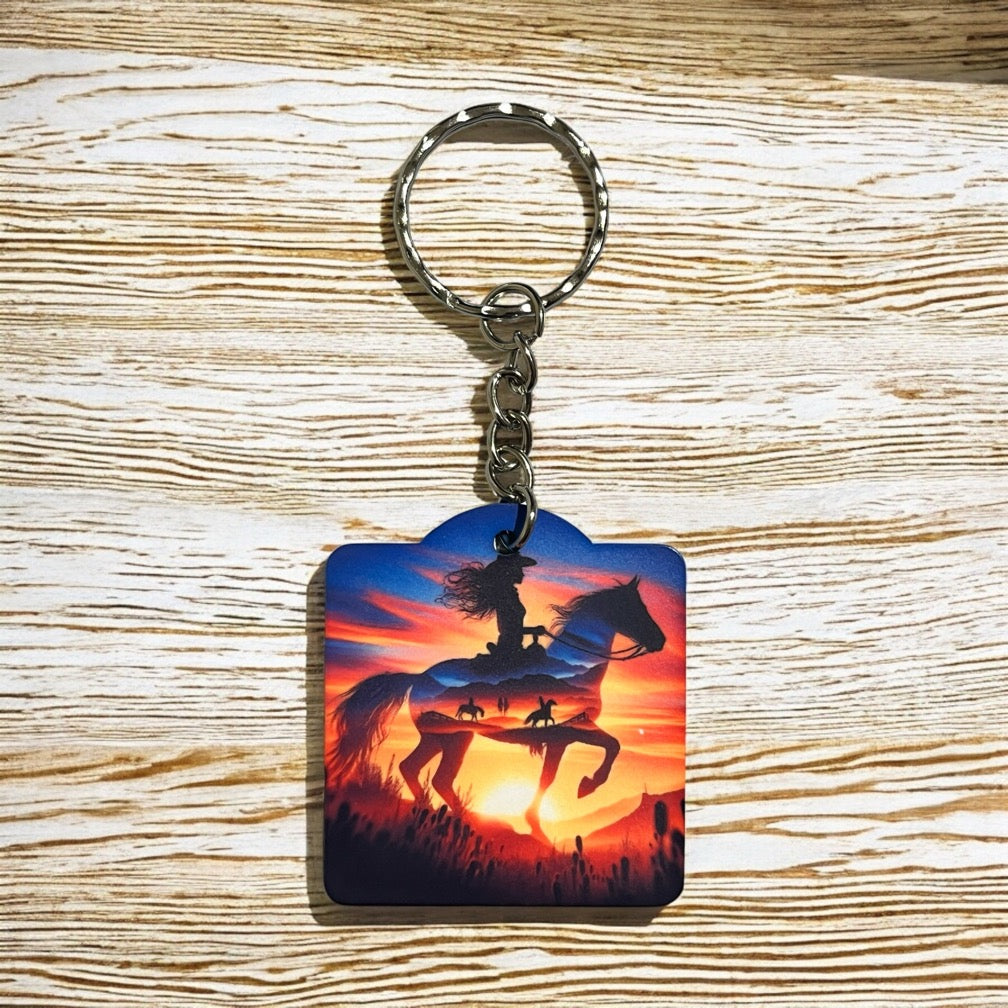 Sunset Cowgirl Silhouette - Keyring / Bag Tag - Laser Design Creations