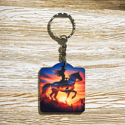 Sunset Cowgirl Silhouette - Keyring / Bag Tag - Laser Design Creations