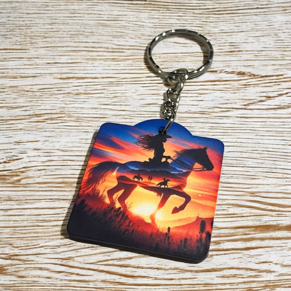 Sunset Cowgirl Silhouette - Keyring / Bag Tag - Laser Design Creations