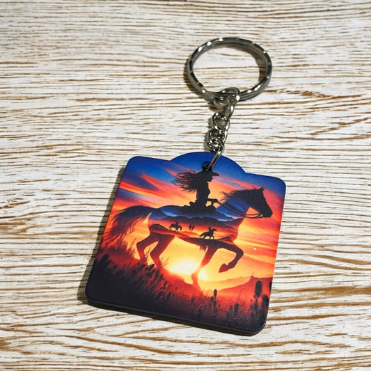 Sunset Cowgirl Silhouette - Keyring / Bag Tag - Laser Design Creations