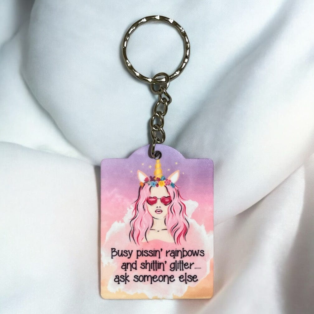 'Busy Pissin' Rainbows' - Adult Humour Design Keyring / Bag Tag - Laser Design Creations