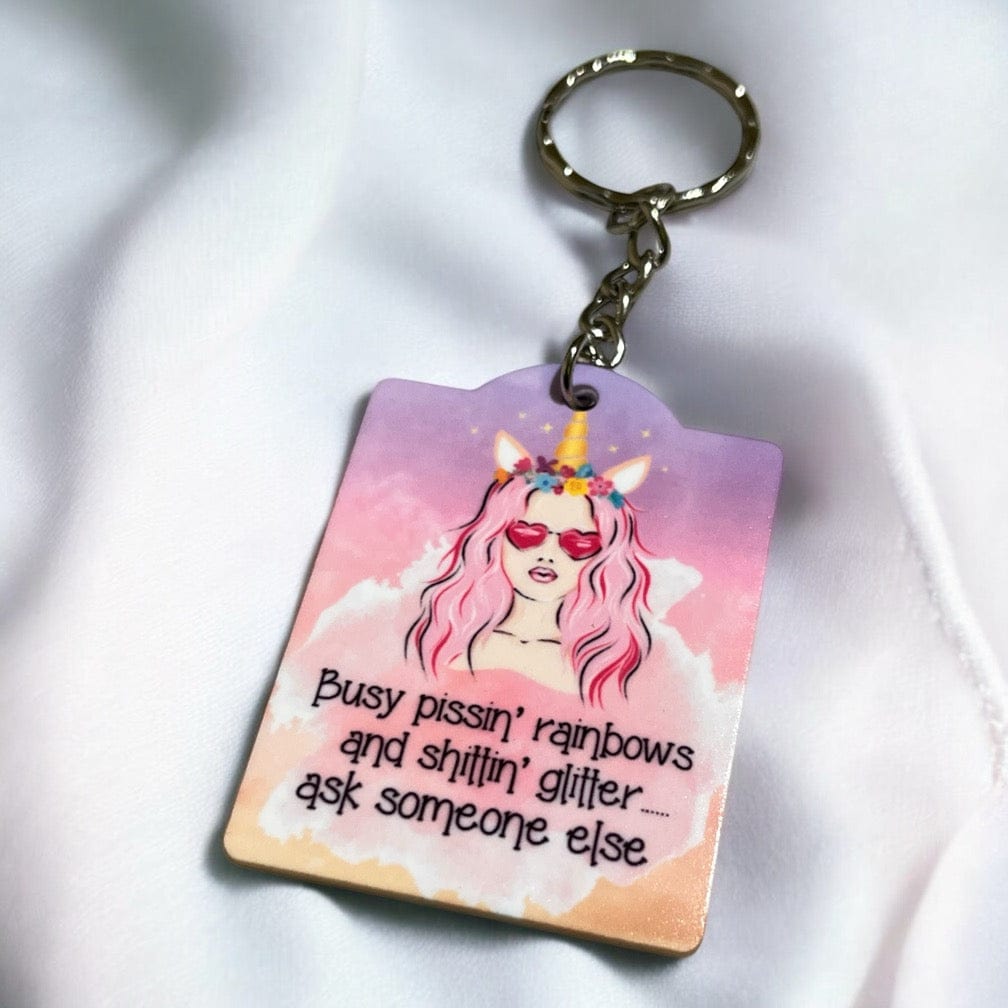 'Busy Pissin' Rainbows' - Adult Humour Design Keyring / Bag Tag - Laser Design Creations