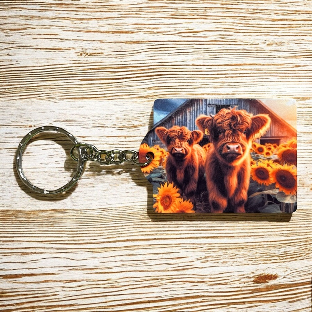 Rustic Barn with Highland Cow Farm-Themed Keyring / Bag Tag Pet Lover Gift - Laser Design Creations