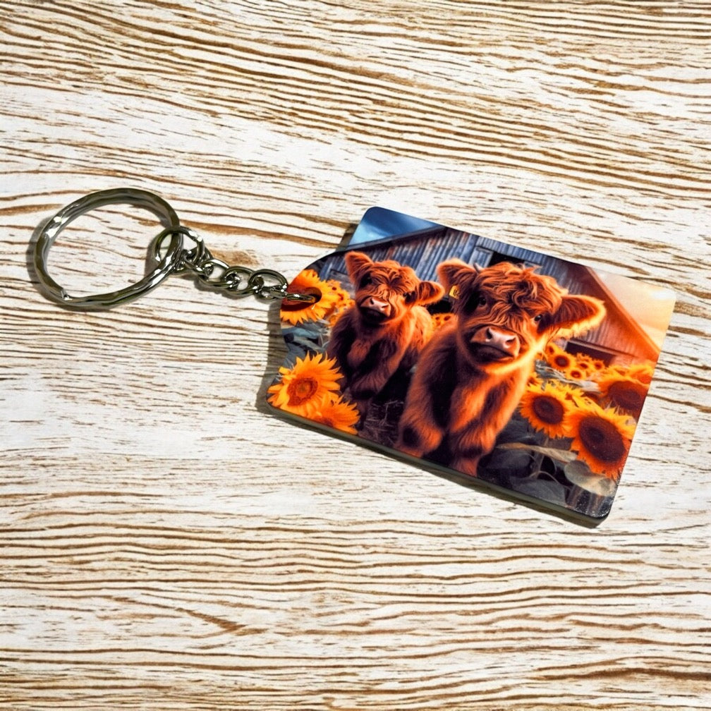 Rustic Barn with Highland Cow Farm-Themed Keyring / Bag Tag Pet Lover Gift - Laser Design Creations