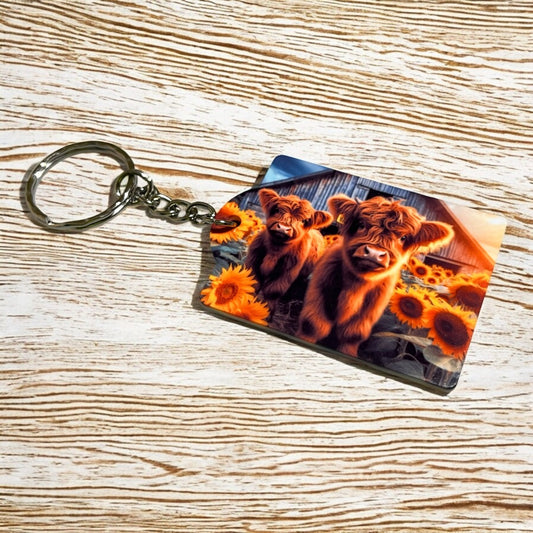 Rustic Barn with Highland Cow Farm-Themed Keyring / Bag Tag Pet Lover Gift - Laser Design Creations