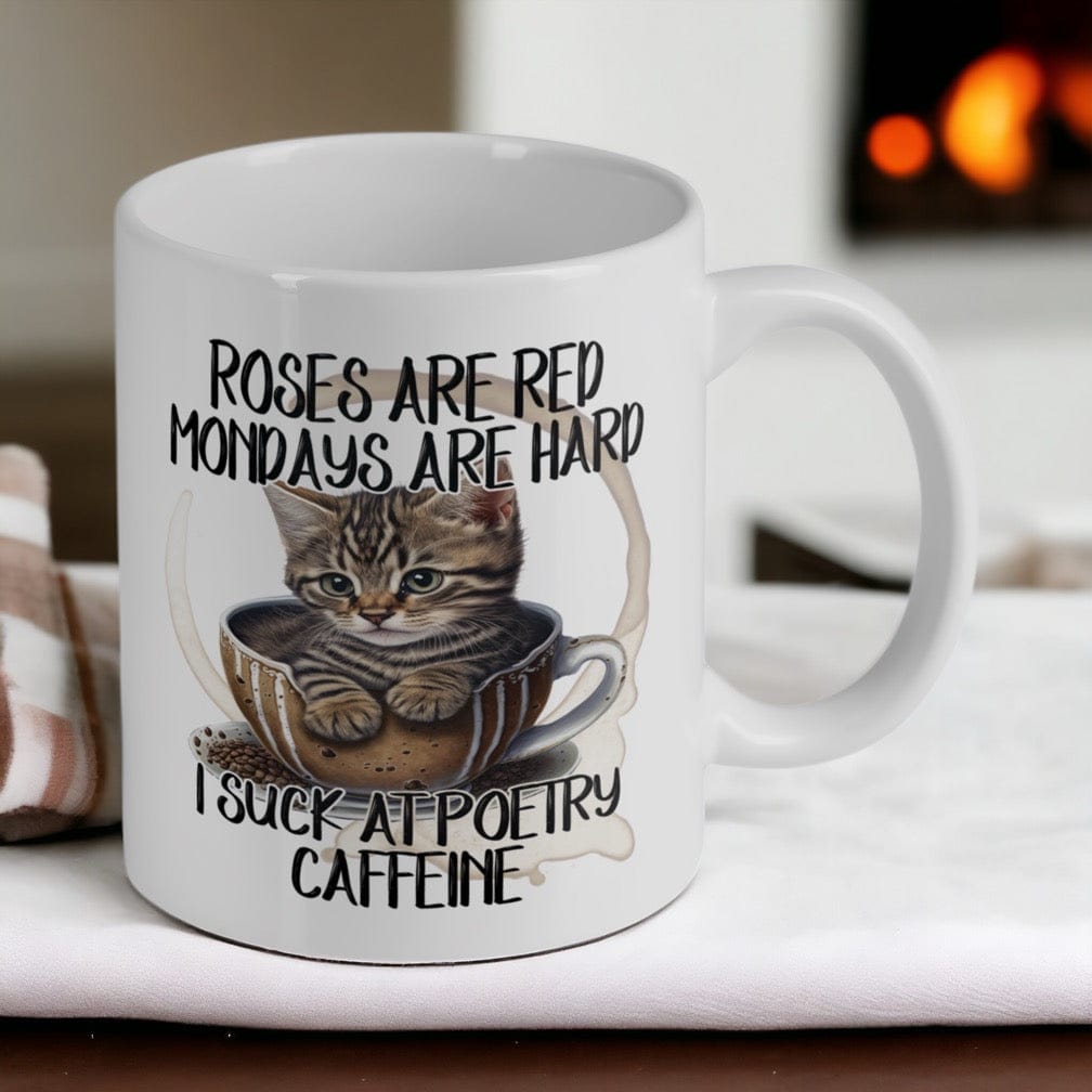 Reverse side of funny Monday poem kitten ceramic mug, showcasing the wrap-around artwork.