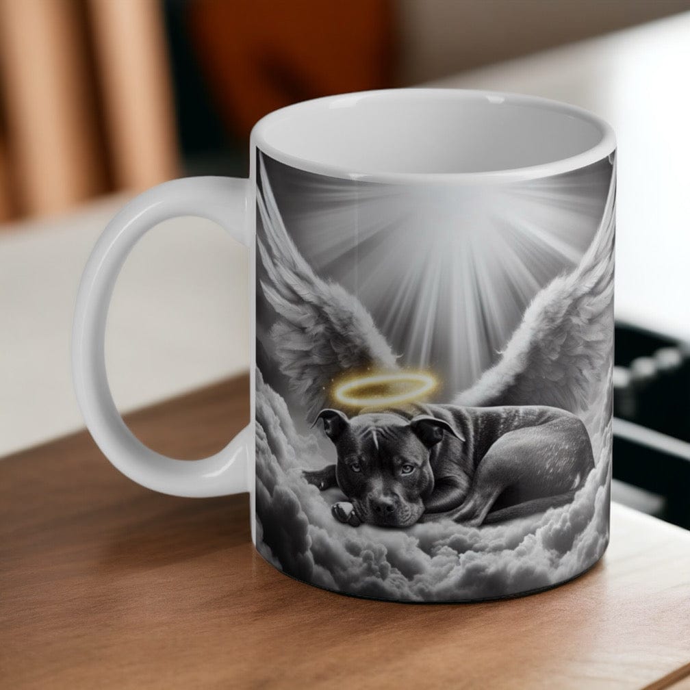 Brindle Staffy Angel Memorial ceramic mug, featuring a detailed illustration of a brindle Staffordshire Bull Terrier with angel wings and halo by Laser Design Creations.