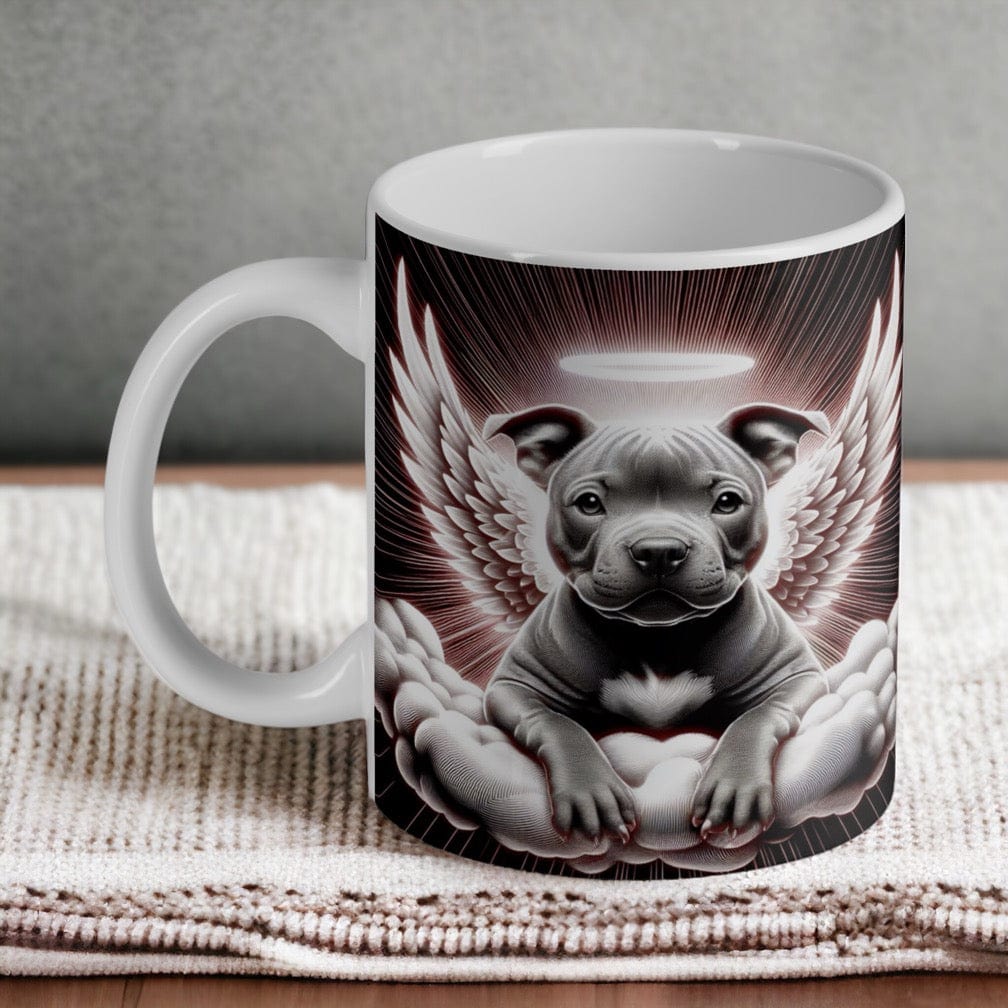 Staffy puppy Angel Memorial ceramic mug, featuring a touching illustration of a Staffordshire Bull Terrier puppy as an angel with a halo by Laser Design Creations.