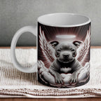 Staffy puppy Angel Memorial ceramic mug, featuring a touching illustration of a Staffordshire Bull Terrier puppy as an angel with a halo by Laser Design Creations.