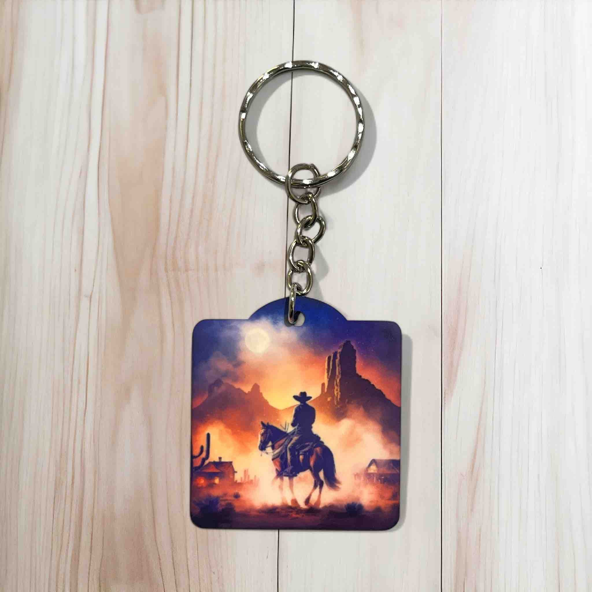 Western Sunset Cowboy Themed Keyring / Bag Tag - Laser Design Creations