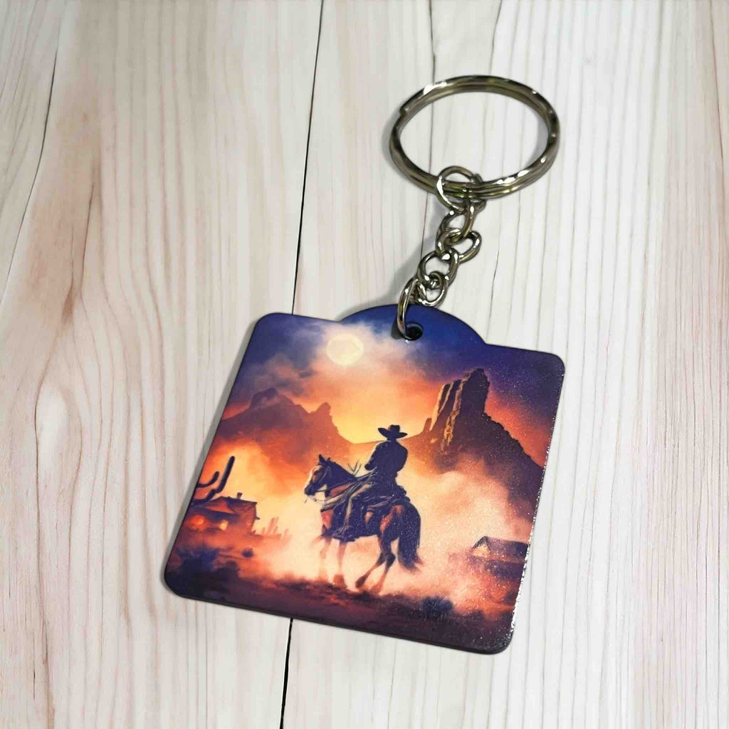 Western Sunset Cowboy Themed Keyring / Bag Tag - Laser Design Creations