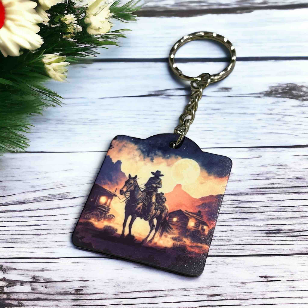Western Sunset Cowboy Themed Keyring / Bag Tag - Laser Design Creations