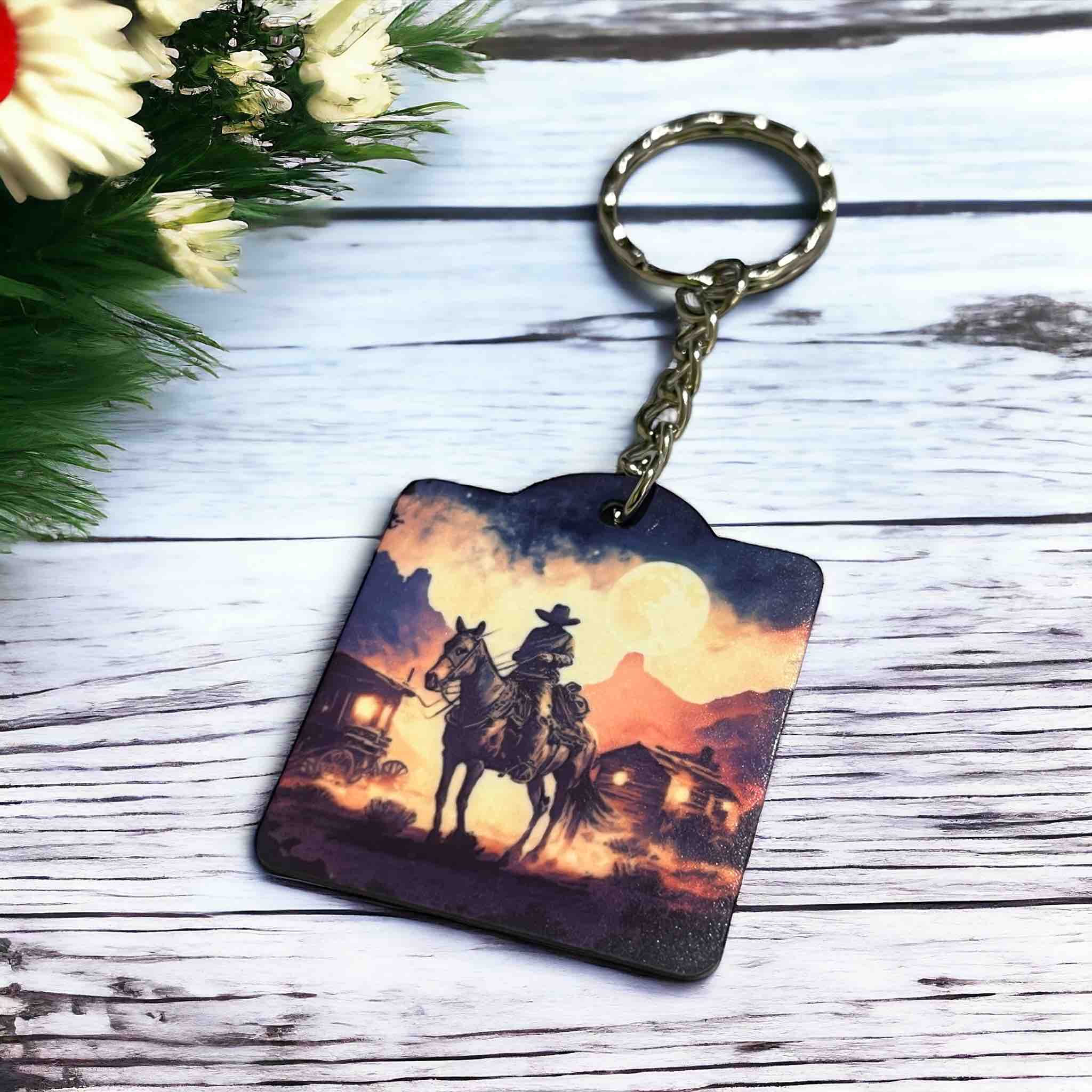 Western Sunset Cowboy Themed Keyring / Bag Tag - Laser Design Creations