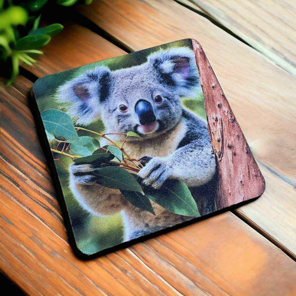 Side view of Koala Holding Gum Leaves neoprene coasters, showcasing a charming, photorealistic wildlife image by Laser Design Creations.