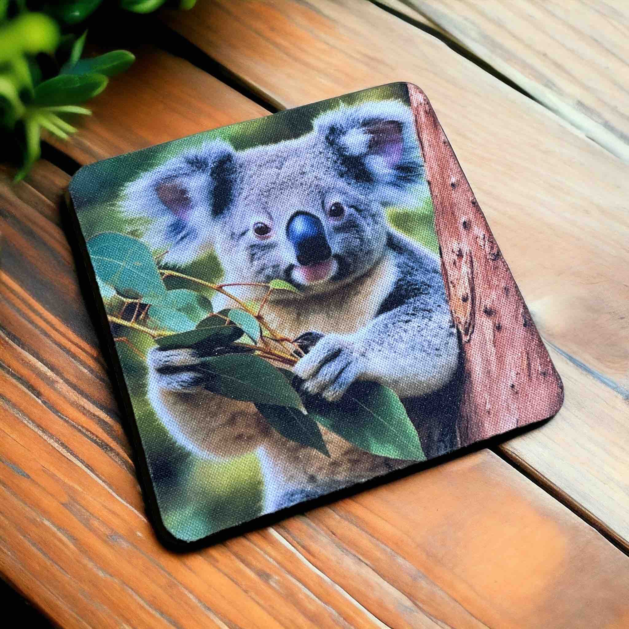 Side view of Koala Holding Gum Leaves neoprene coasters, showcasing a charming, photorealistic wildlife image by Laser Design Creations.