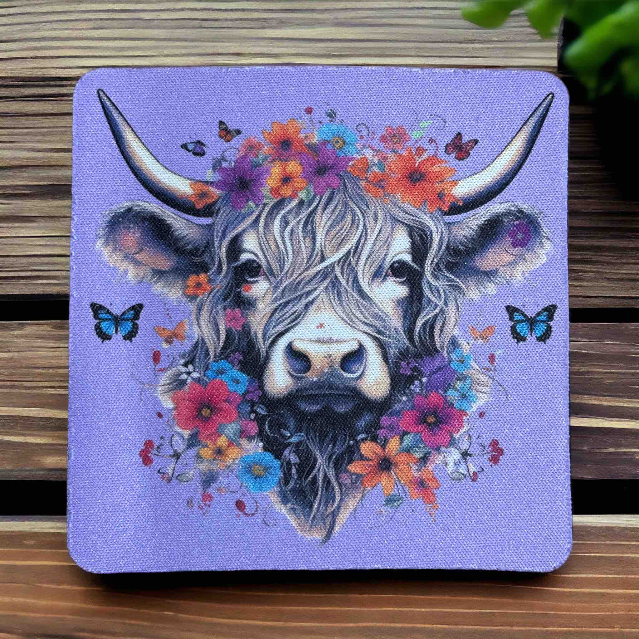 Highland Cow Whimsical Flower & Butterfly Design - Pack of 4 Neoprene Coasters - Laser Design Creations