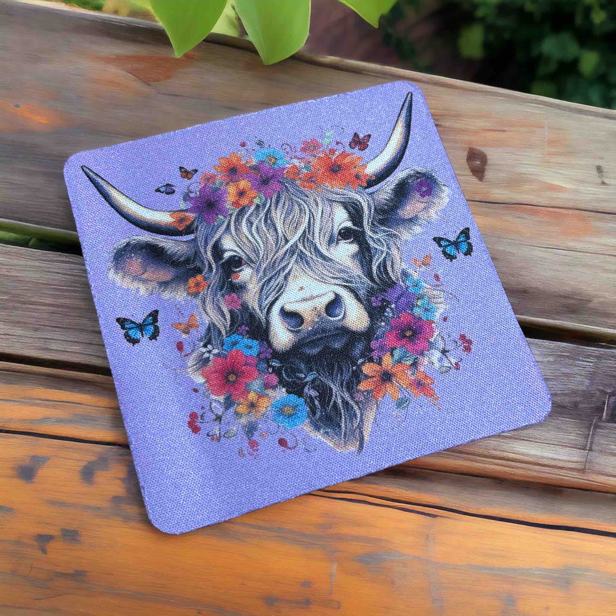 Highland Cow Whimsical Flower & Butterfly Design - Pack of 4 Neoprene Coasters - Laser Design Creations