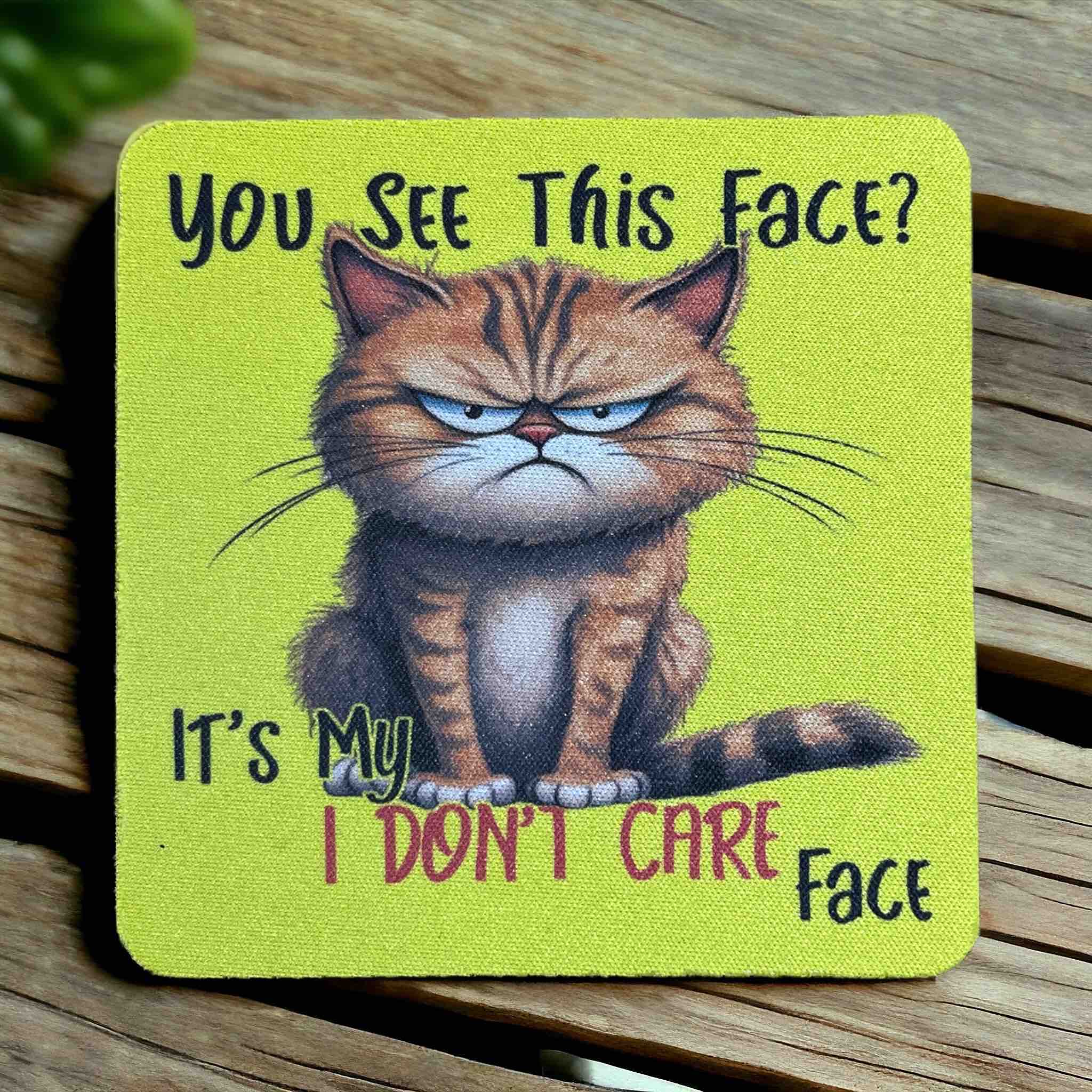Grumpy Ginger Cat Playful 'I Don’t Care' Face Design - Pack of 4 Neoprene Coasters - Laser Design Creations
