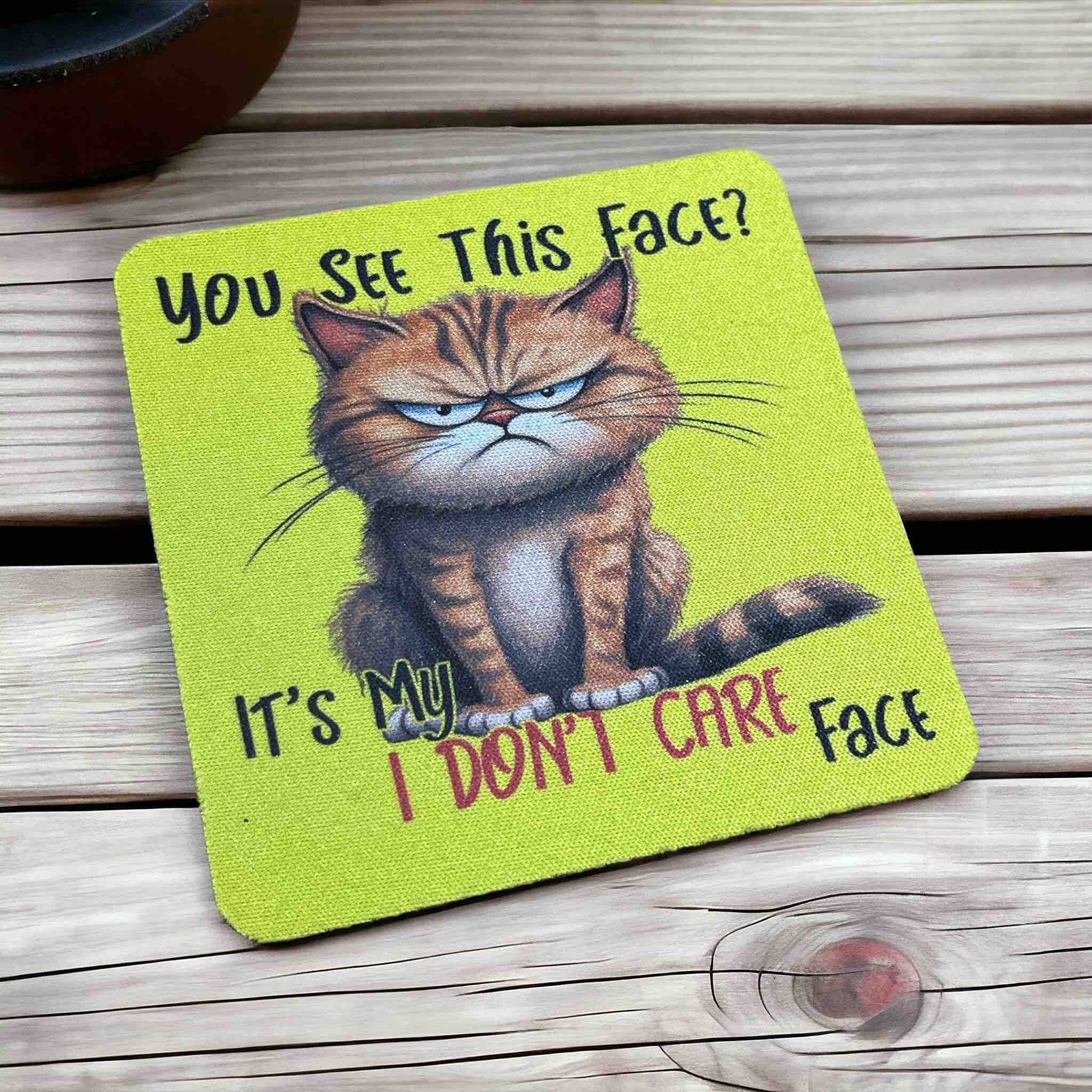 Grumpy Ginger Cat Playful 'I Don’t Care' Face Design - Pack of 4 Neoprene Coasters - Laser Design Creations