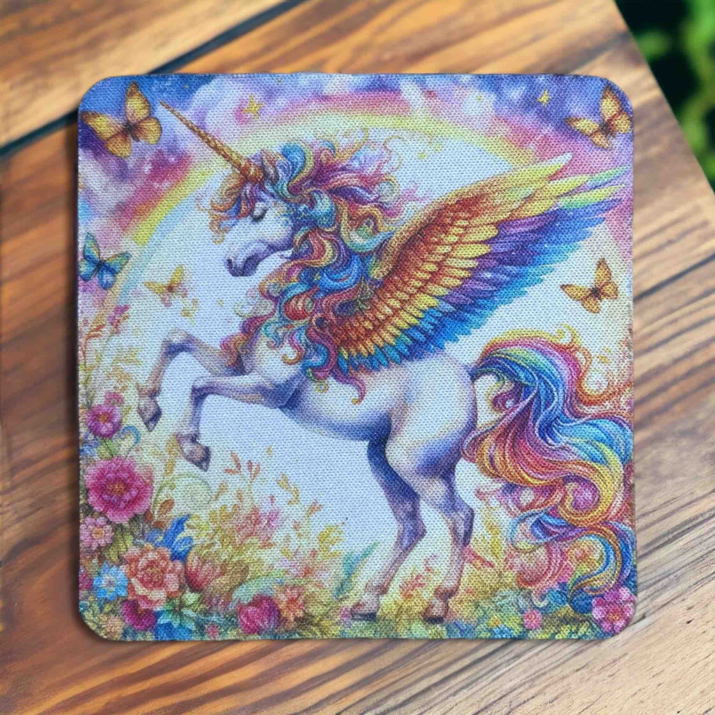 Magical Pegasus Vibrant Whimsical Unicorn Horse Art  - Pack of 4 Neoprene Coasters - Laser Design Creations