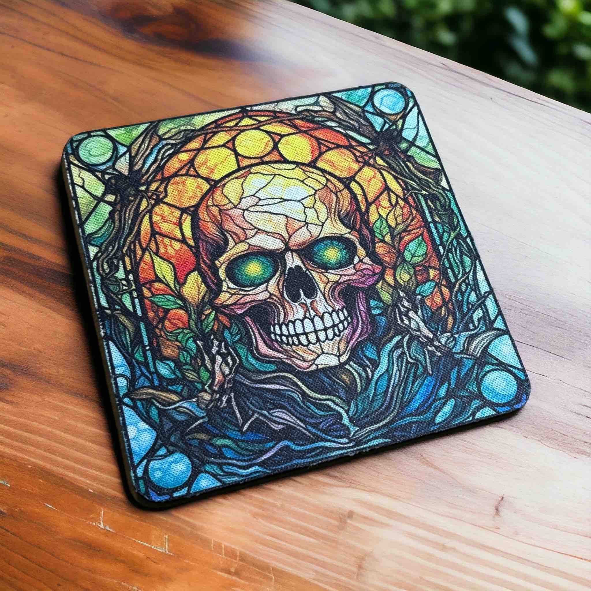 Gothic Stained Glass Style Skull Designs - Pack of 4 Neoprene Coasters - Laser Design Creations
