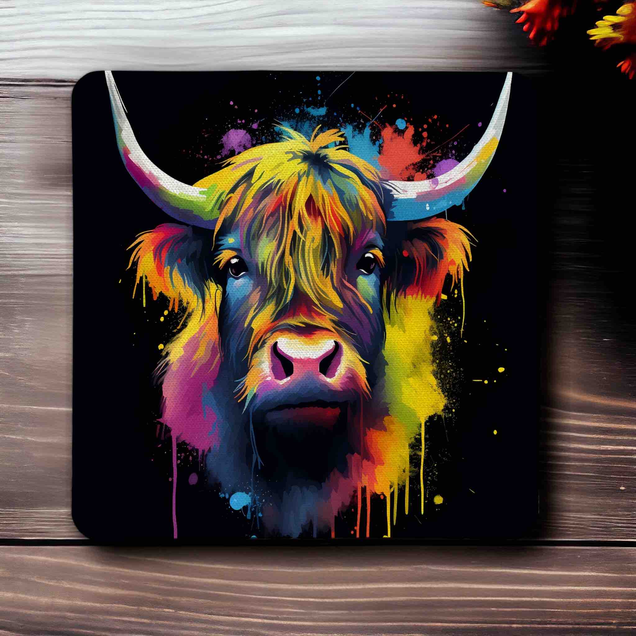 Colourful Highland Cow Vibrant Splash Art Design - Pack of 4 Neoprene Coasters - Laser Design Creations
