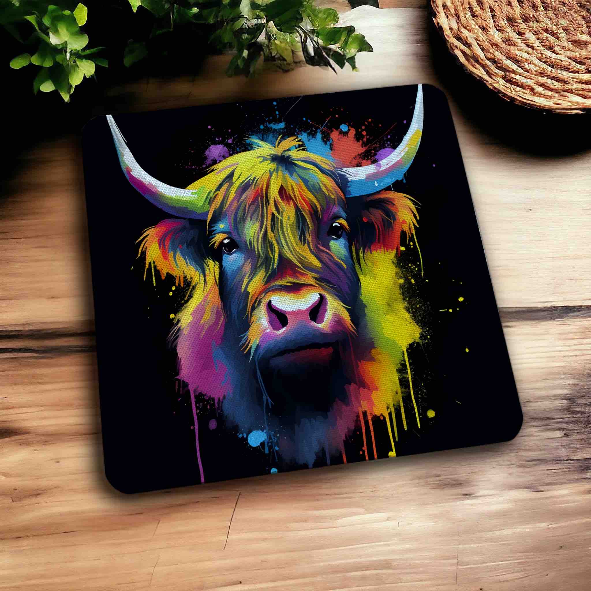 Colourful Highland Cow Vibrant Splash Art Design - Pack of 4 Neoprene Coasters - Laser Design Creations