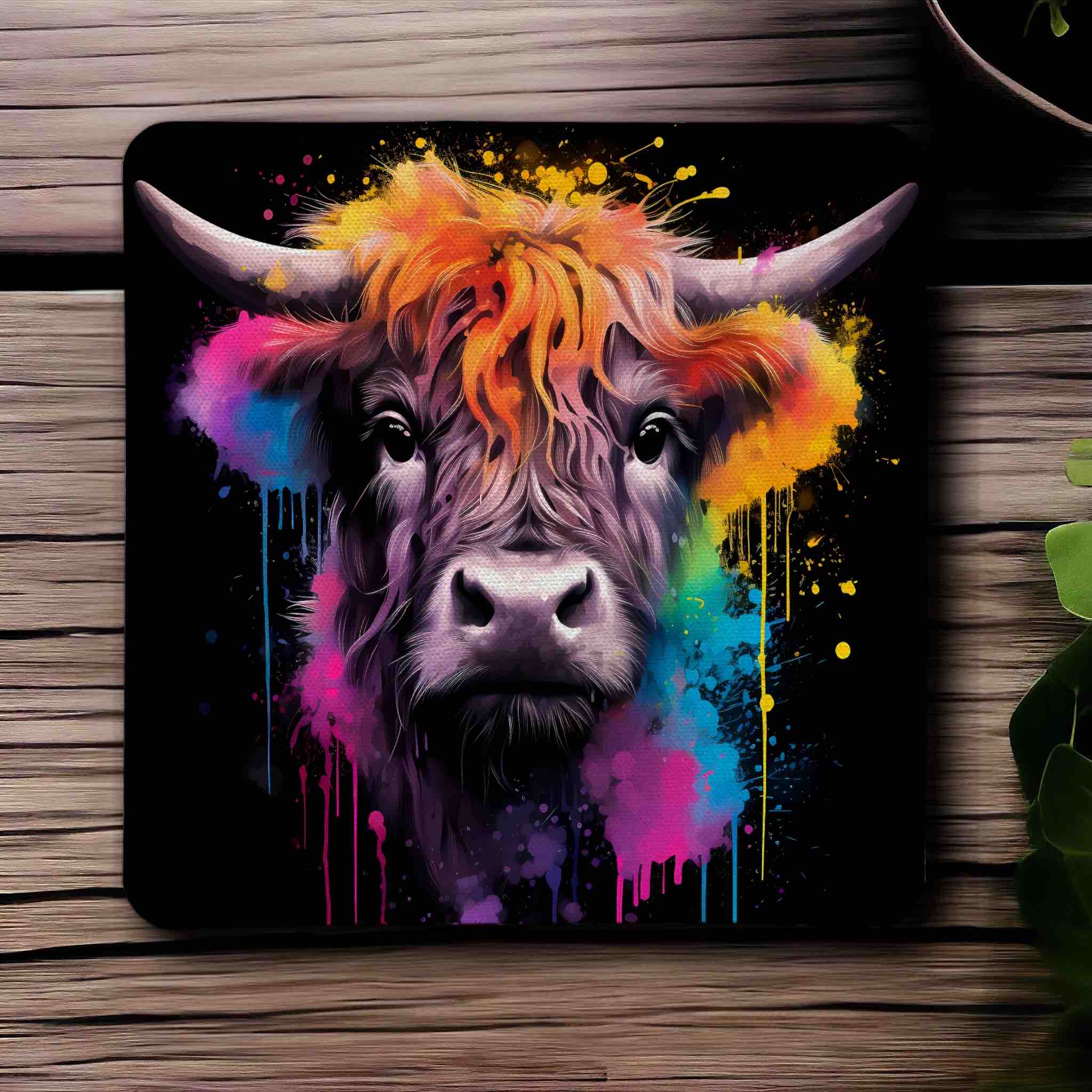 Colourful Highland Cow Vibrant Splash Art Design - Pack of 4 Neoprene Coasters - Laser Design Creations
