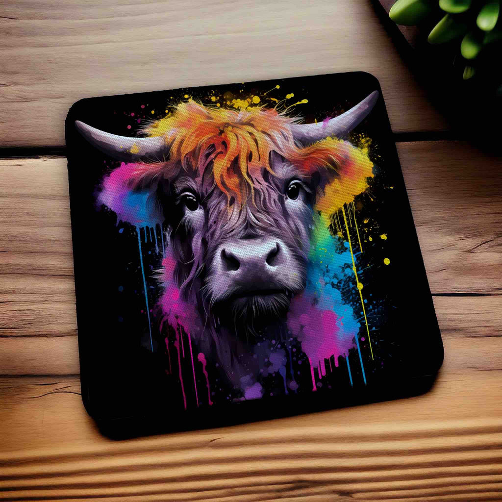 Colourful Highland Cow Vibrant Splash Art Design - Pack of 4 Neoprene Coasters - Laser Design Creations