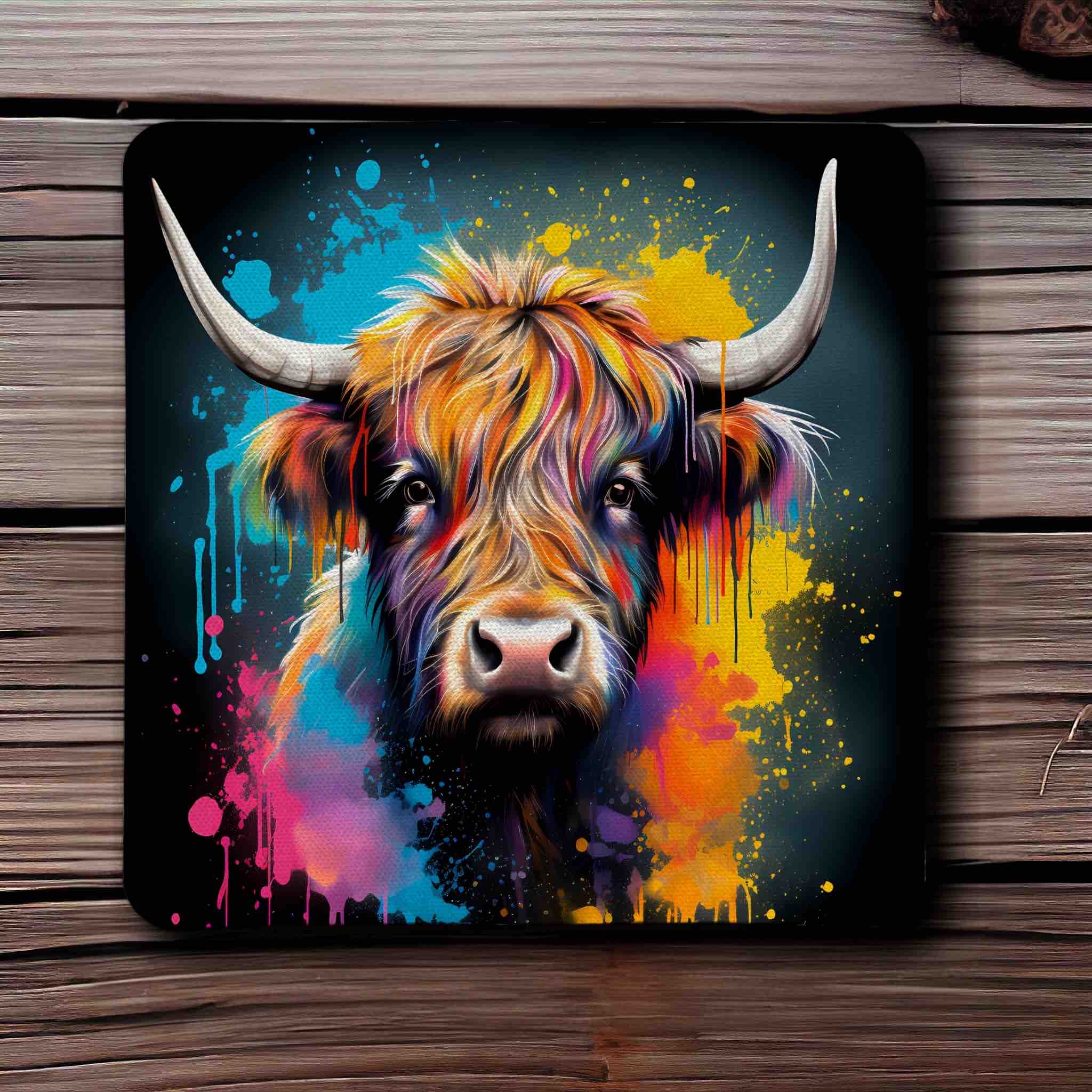 Colourful Highland Cow Vibrant Splash Art Design - Pack of 4 Neoprene Coasters - Laser Design Creations