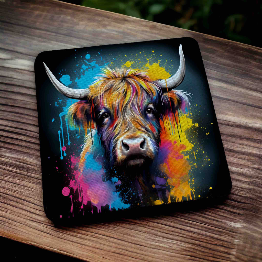 Colourful Highland Cow Vibrant Splash Art Design - Pack of 4 Neoprene Coasters - Laser Design Creations