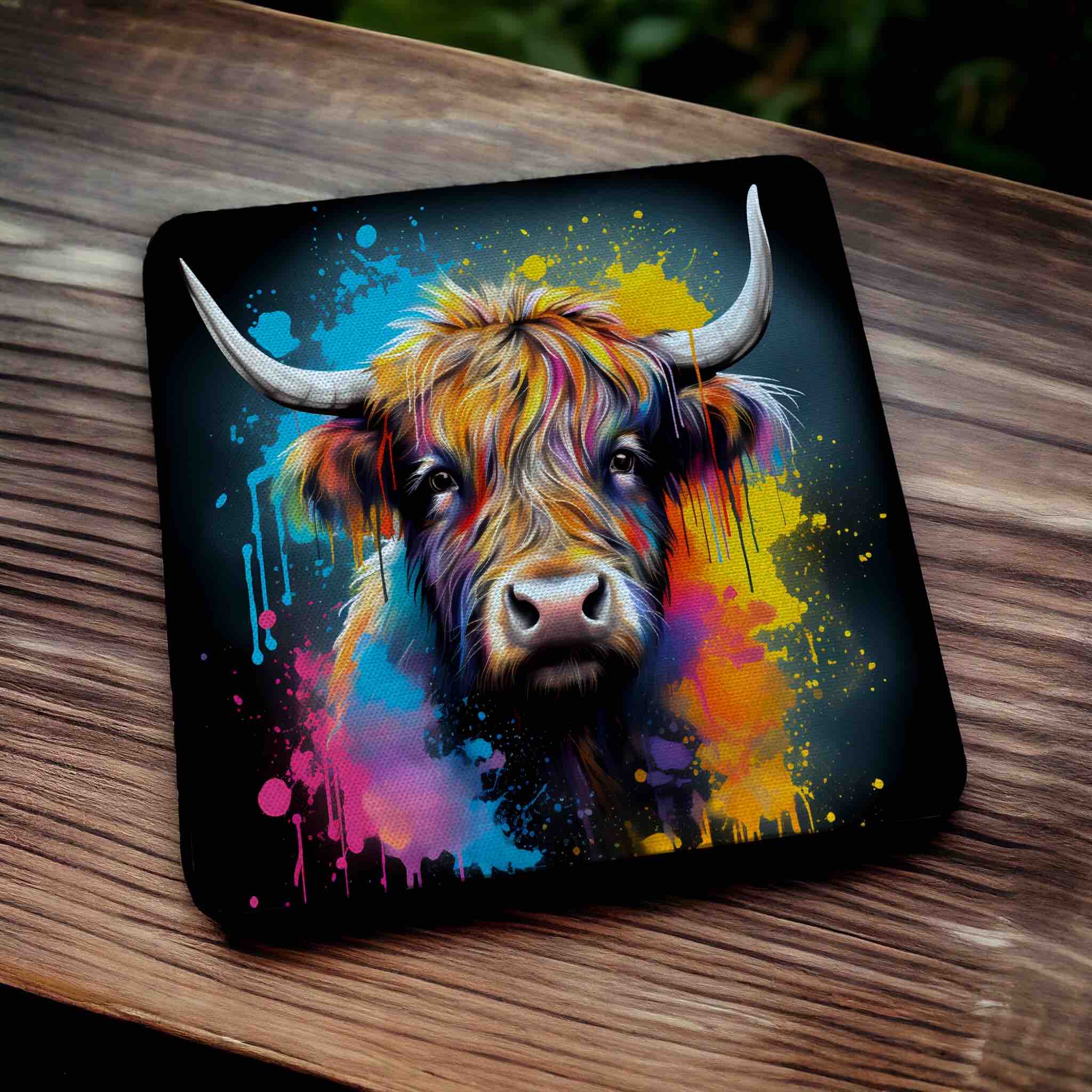 Colourful Highland Cow Vibrant Splash Art Design - Pack of 4 Neoprene Coasters - Laser Design Creations