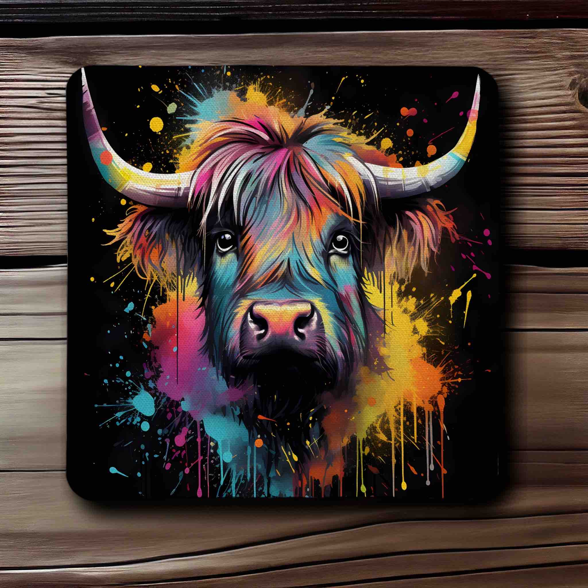 Colourful Highland Cow Vibrant Splash Art Design - Pack of 4 Neoprene Coasters - Laser Design Creations