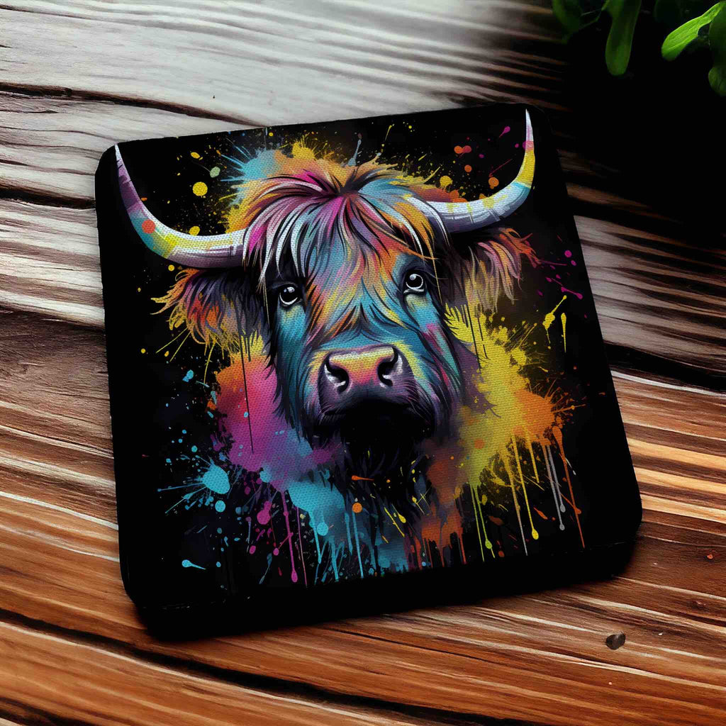 Colourful Highland Cow Vibrant Splash Art Design - Pack of 4 Neoprene Coasters - Laser Design Creations