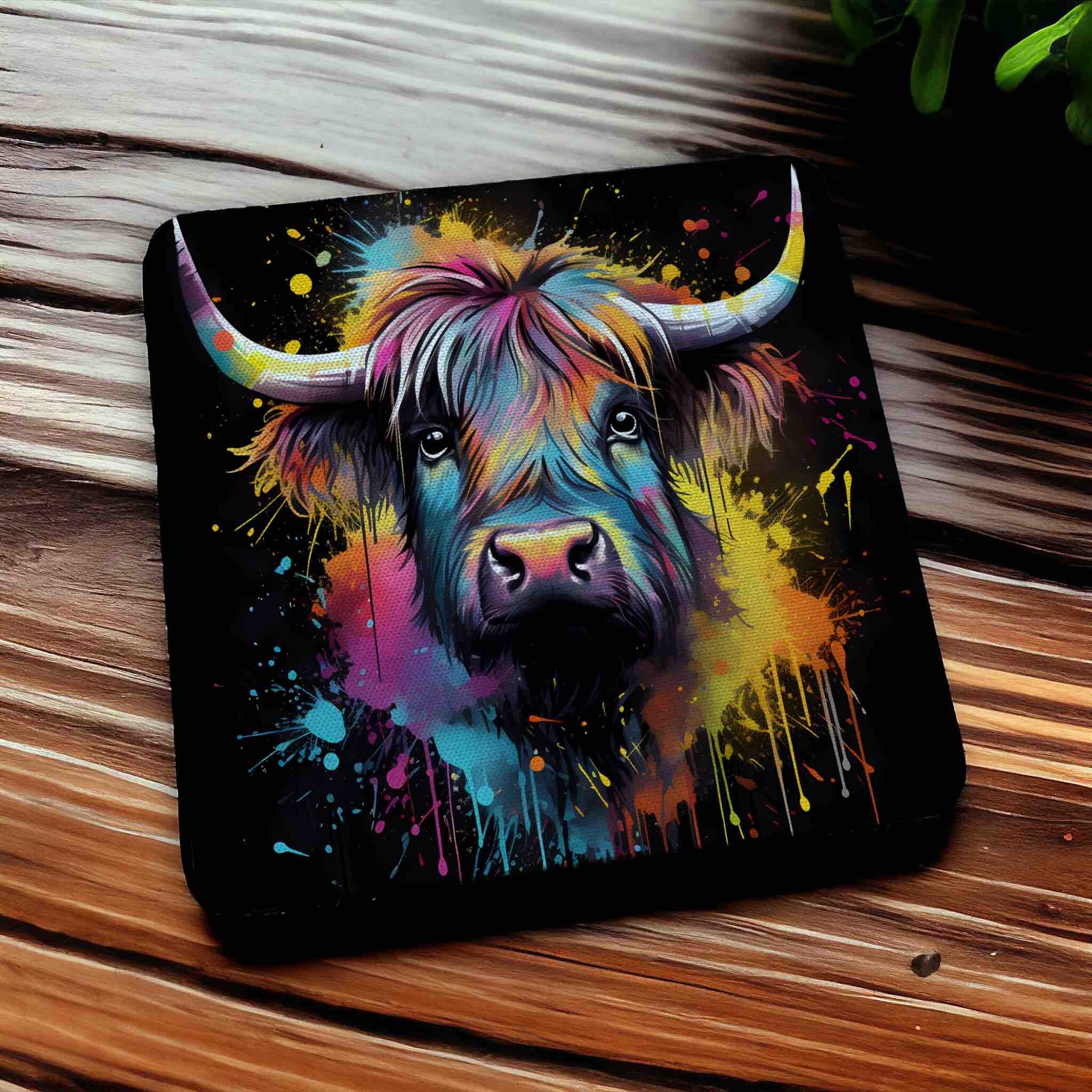Colourful Highland Cow Vibrant Splash Art Design - Pack of 4 Neoprene Coasters - Laser Design Creations