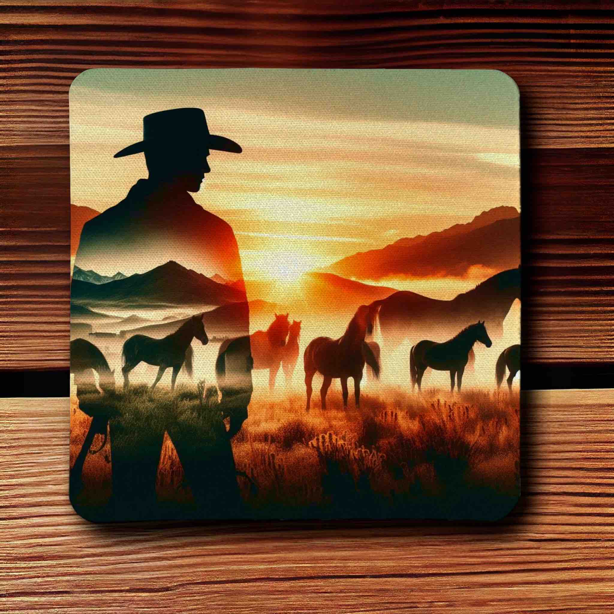 Cowboy & Wild Horses Sunset Mountain Silhouette Art Design - Pack of 4 Neoprene Coasters - Laser Design Creations