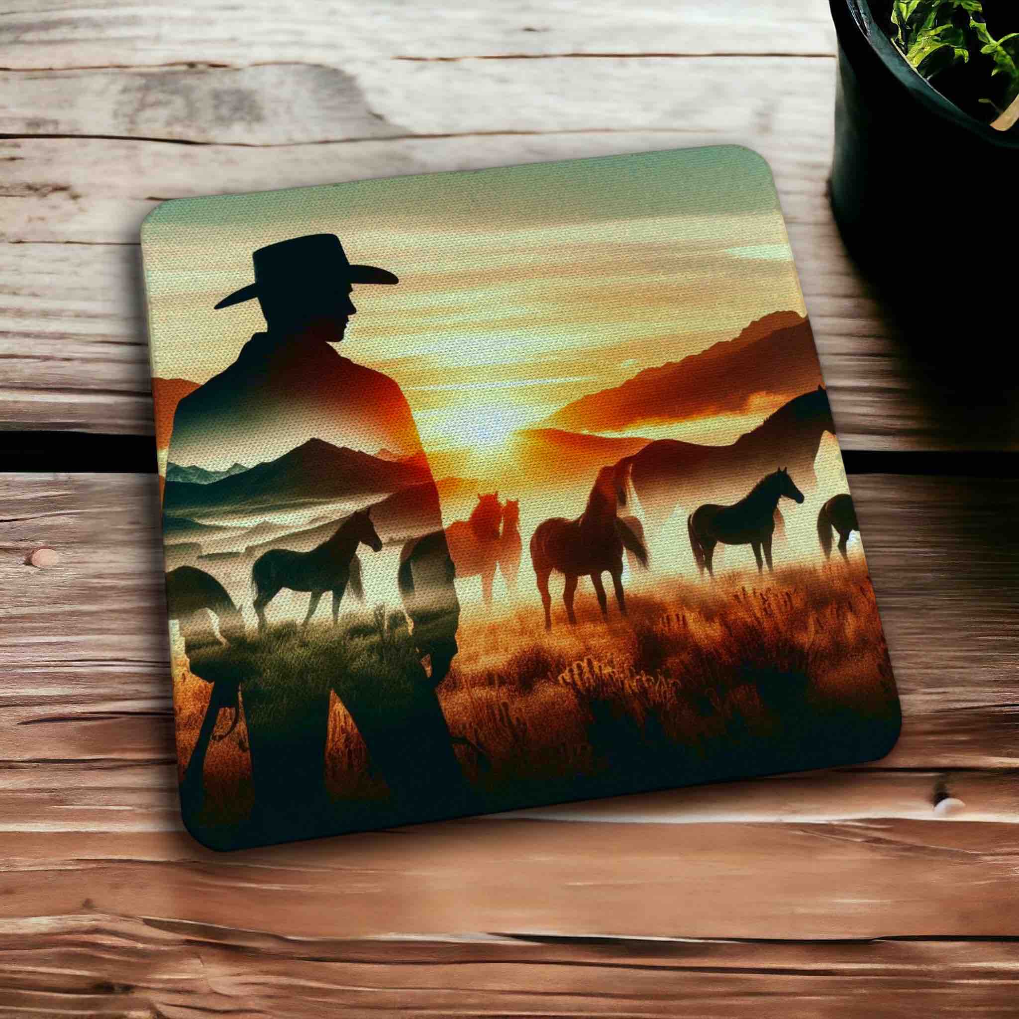 Cowboy & Wild Horses Sunset Mountain Silhouette Art Design - Pack of 4 Neoprene Coasters - Laser Design Creations