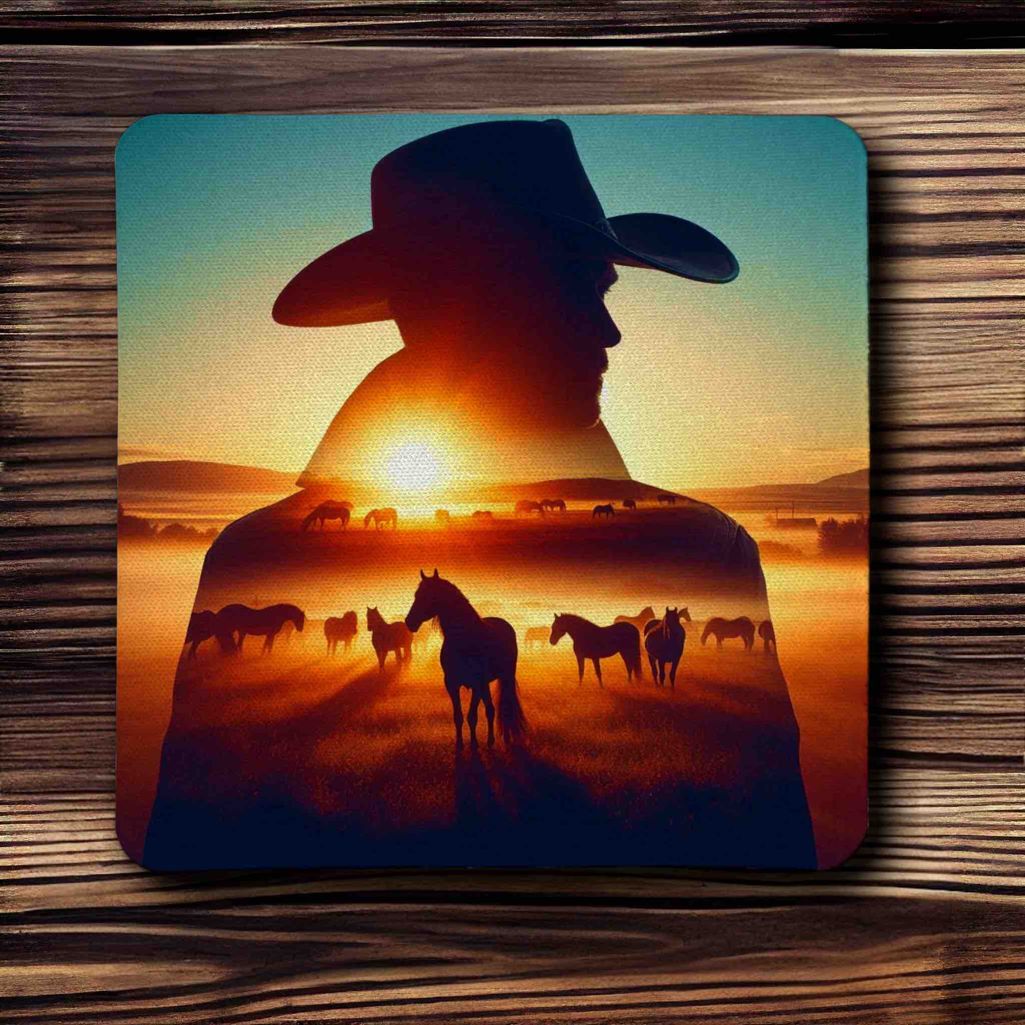 Cowboy & Wild Horses Sunset Mountain Silhouette Art Design - Pack of 4 Neoprene Coasters - Laser Design Creations