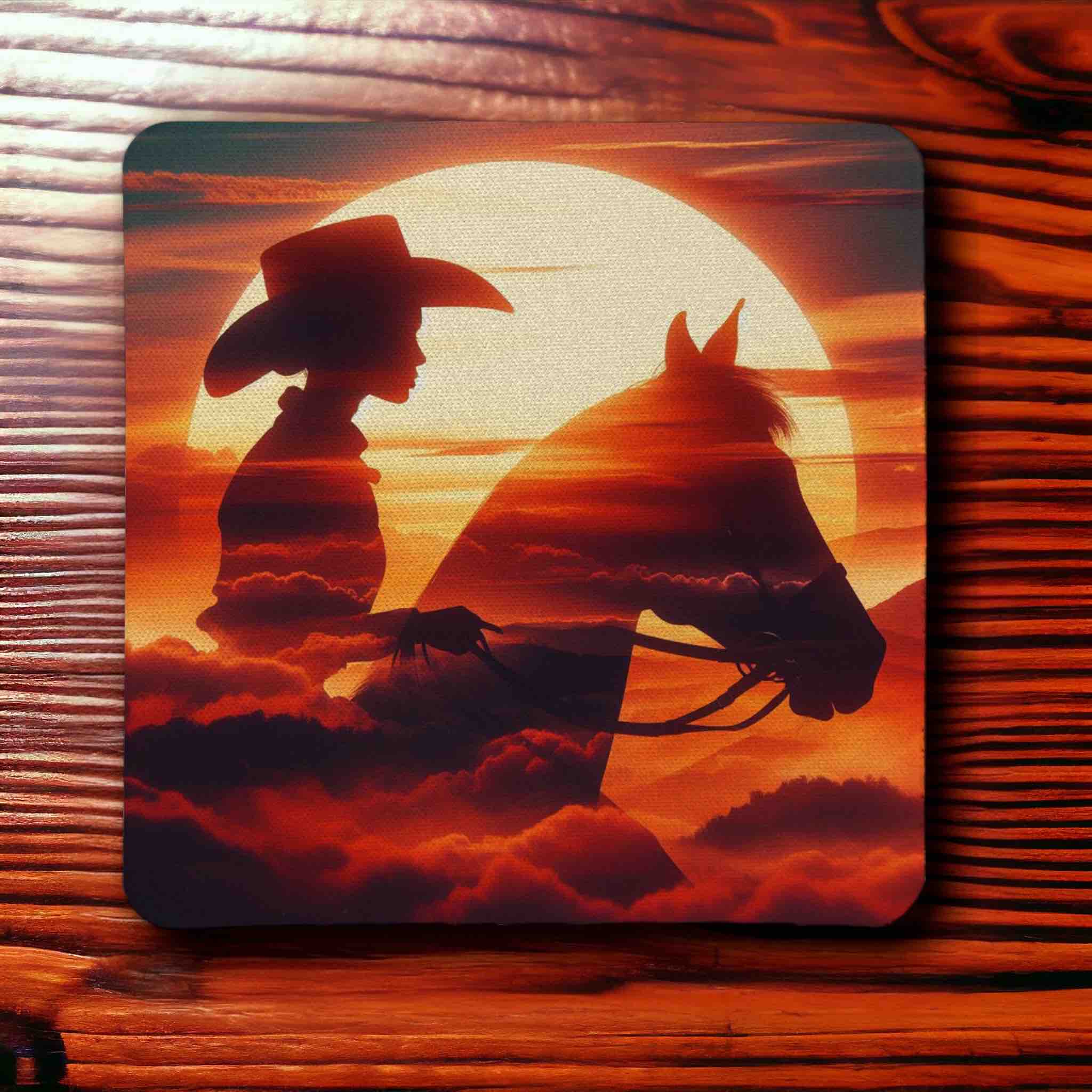 Cowgirl & Horse Sunset Silhouette Art Design - Pack of 4 Neoprene Coasters - Laser Design Creations