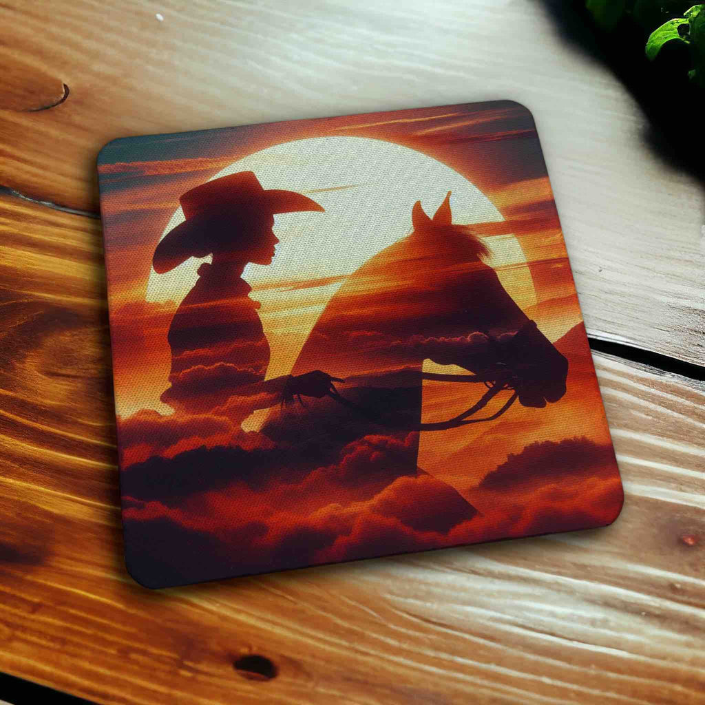 Cowgirl & Horse Sunset Silhouette Art Design - Pack of 4 Neoprene Coasters - Laser Design Creations