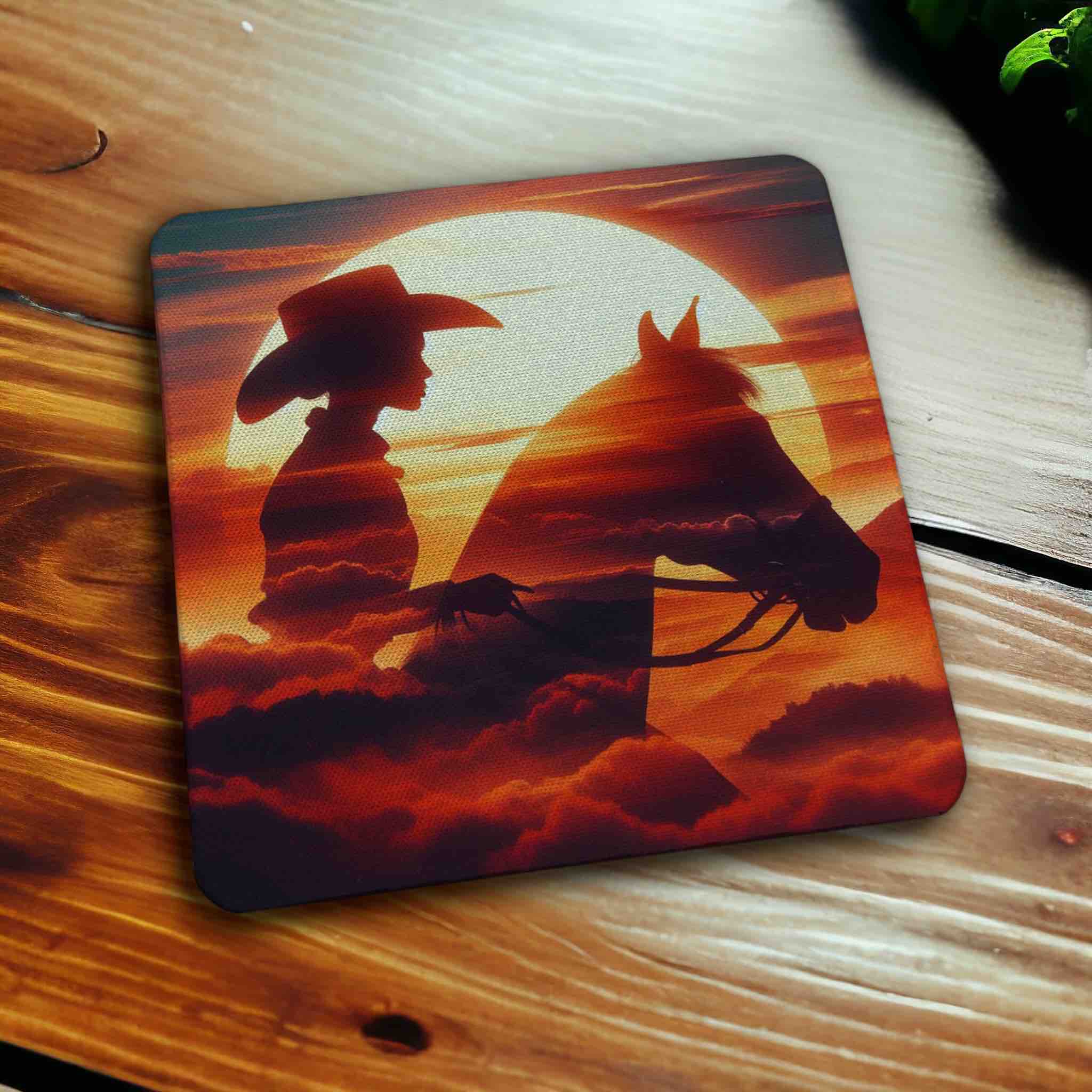 Cowgirl & Horse Sunset Silhouette Art Design - Pack of 4 Neoprene Coasters - Laser Design Creations