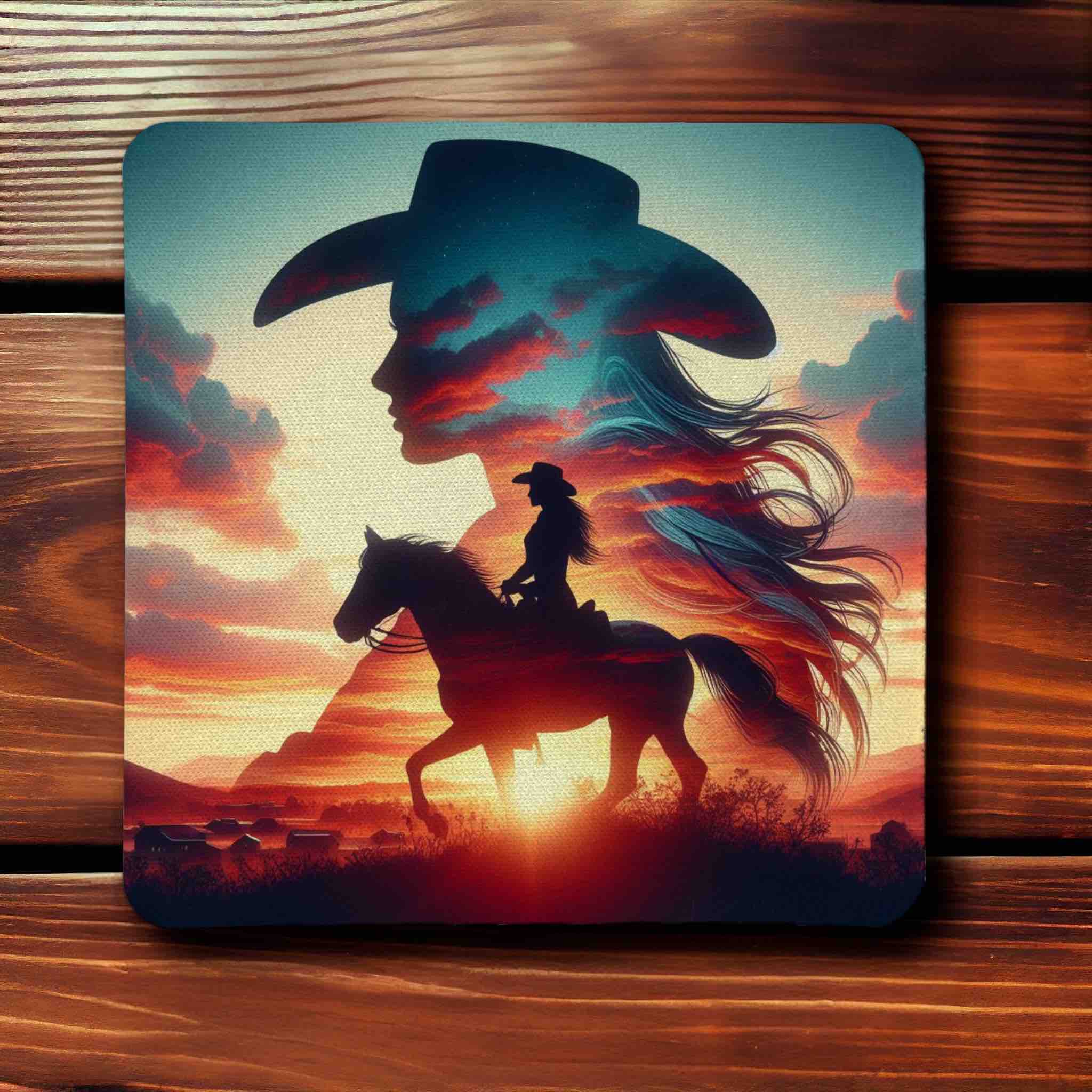 Cowgirl & Horse Sunset Silhouette Art Design - Pack of 4 Neoprene Coasters - Laser Design Creations